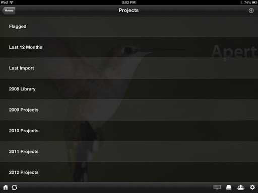 Aperture Projects Listed on an iPad Running Plex